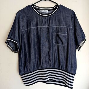 Unique Silk denim look striped shirt sleeve top size M